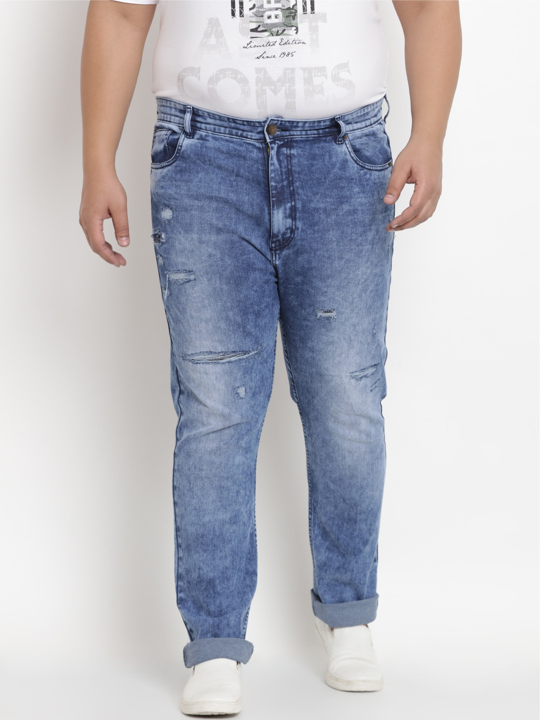 

John Pride Plus Size Men Blue Regular Fit Mid-Rise Low Distress Stretchable Jeans