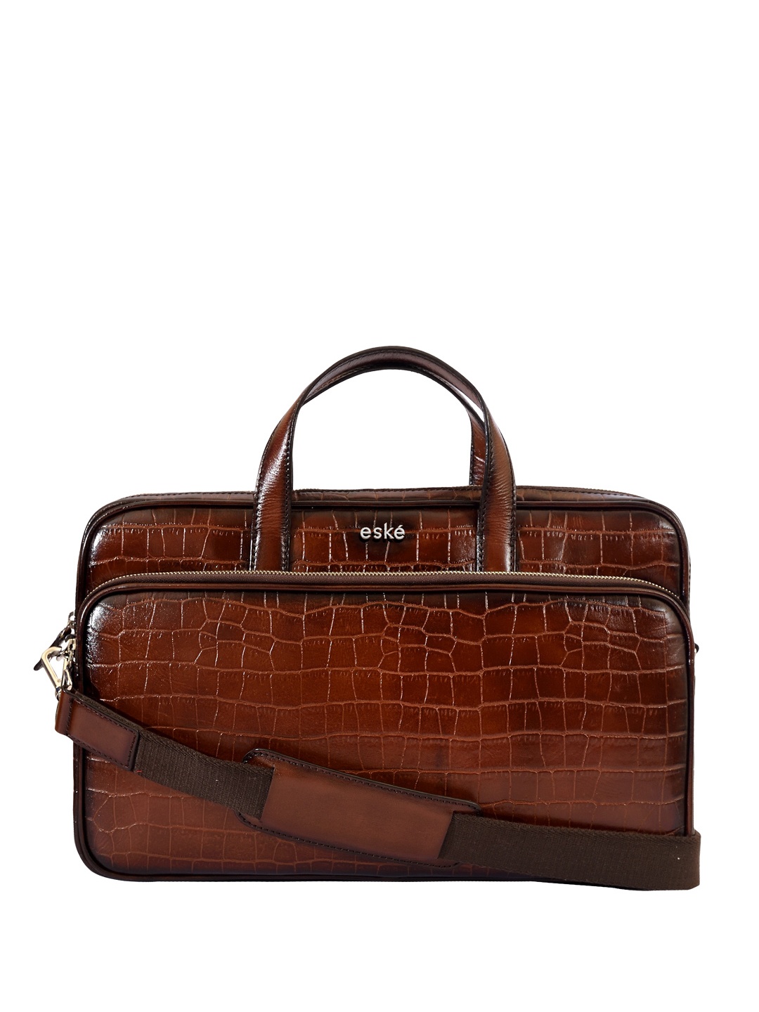 

Eske Men Coffee Brown Crocodile Skin Textured Leather Laptop Bag