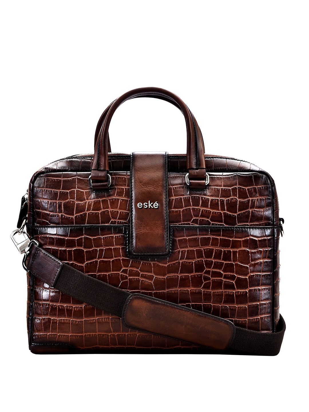 

Eske Men Brown Crocodile Skin Textured Leather Laptop Bag