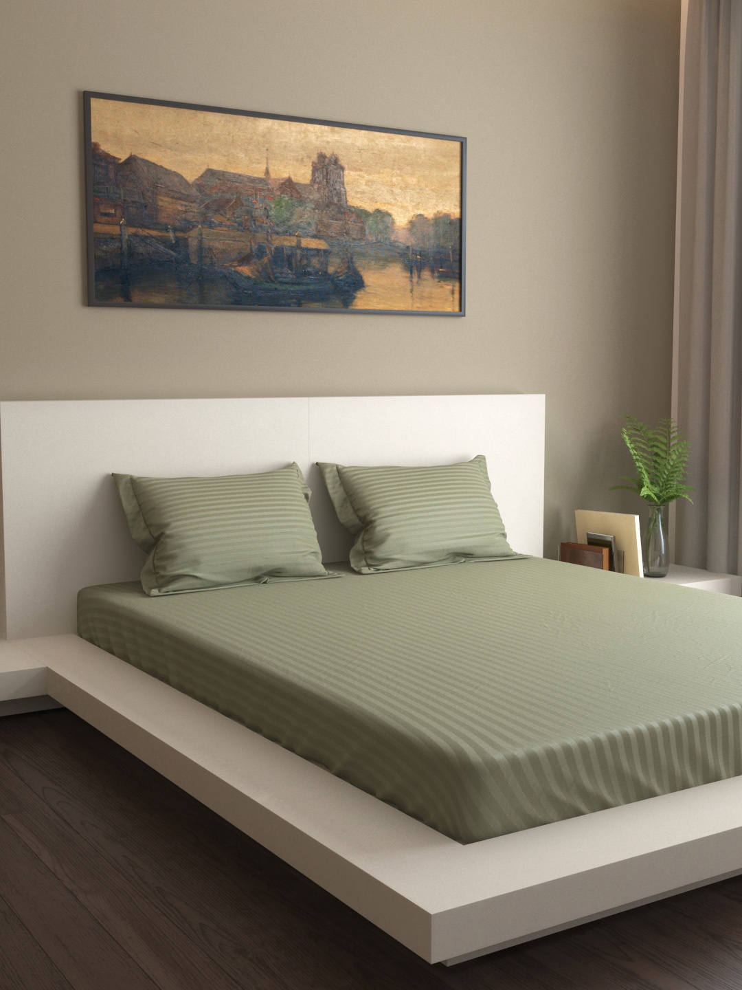 

MARK HOME Olive Green Striped 400 TC Cotton 1 Queen Bedsheet with 2 Pillow Covers