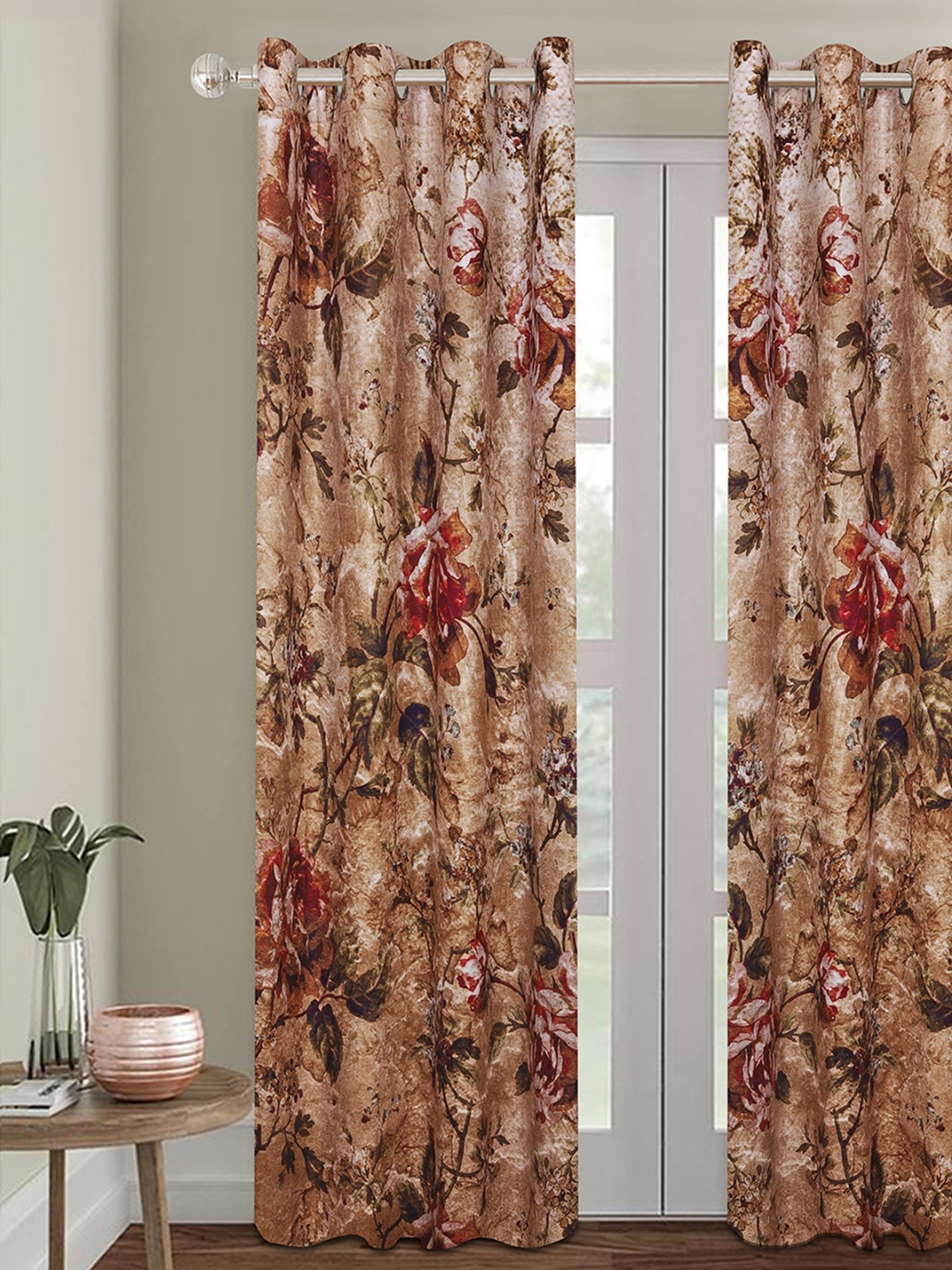 

ROMEE Brown & Olive Green Floral Printed Room Darkening Single Door Curtain