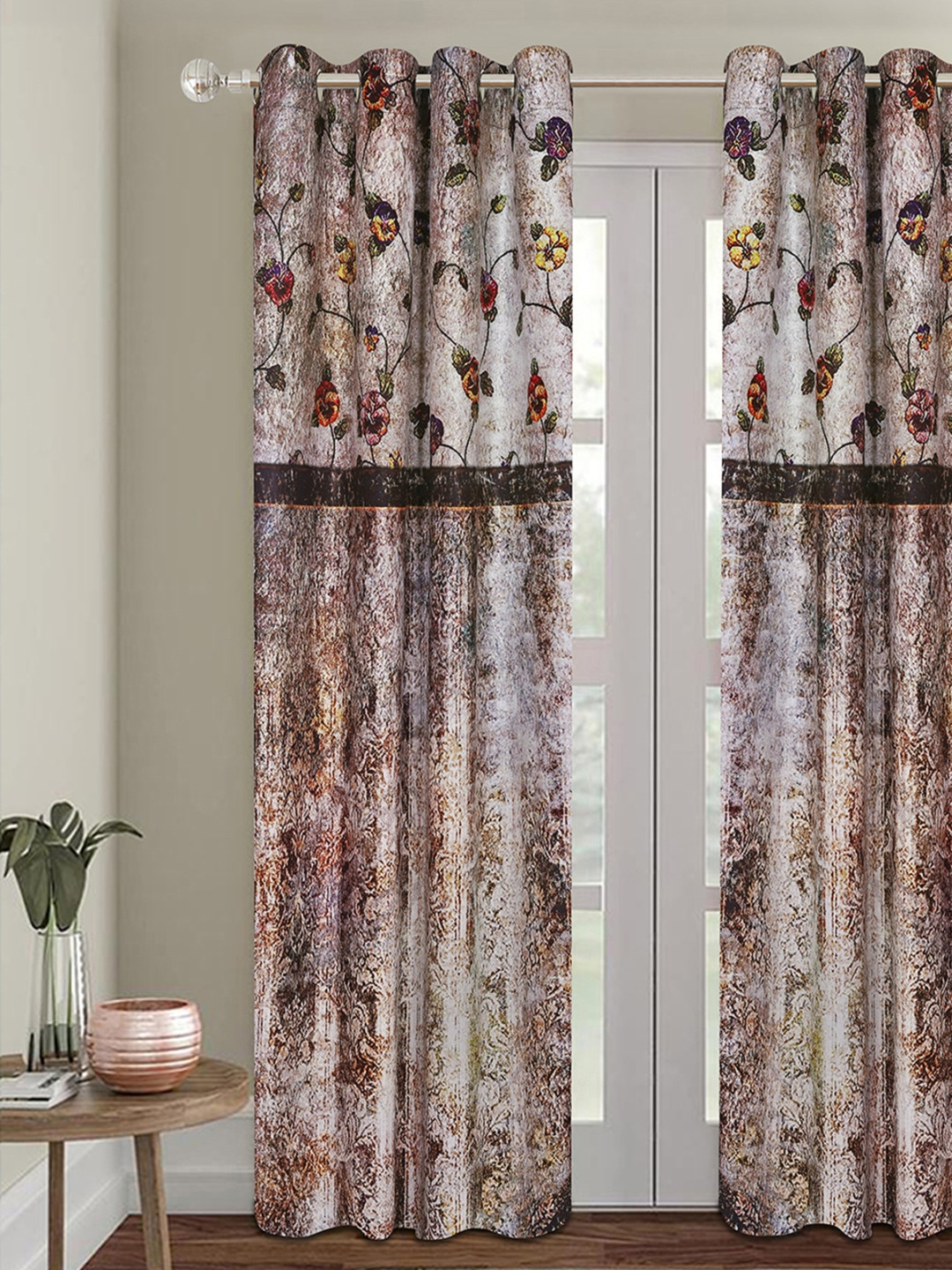 

ROMEE Brown & Grey Floral Print Room Darkening Door Curtain