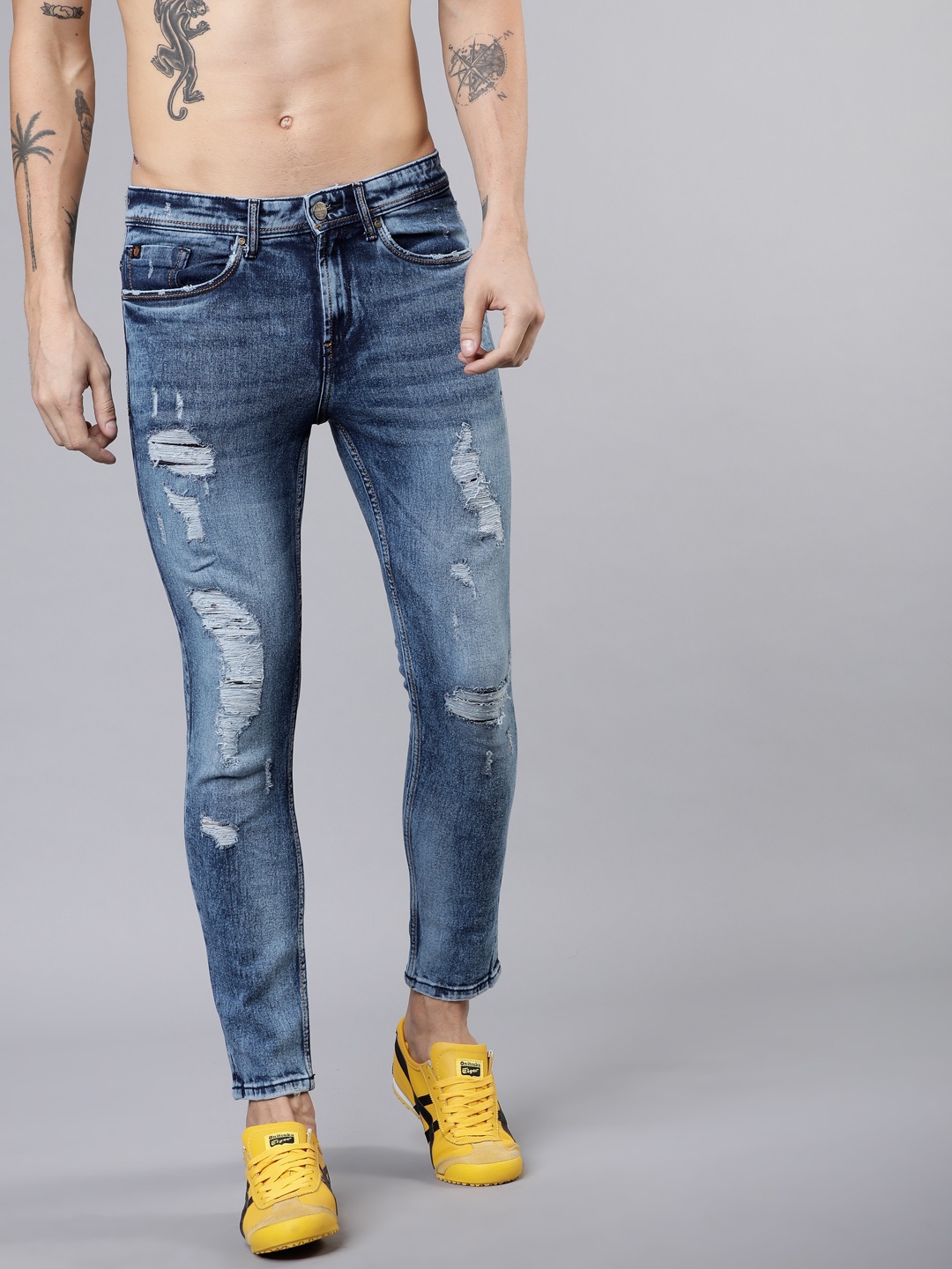 

LOCOMOTIVE Men Blue Tapered Fit Mid-Rise Highly Distressed Stretchable Jeans