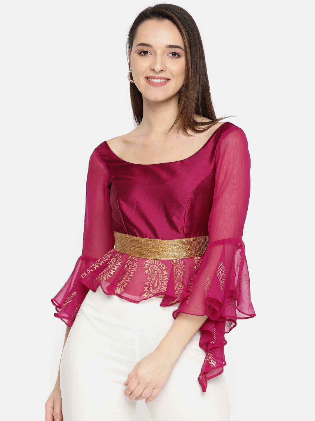 

Ira Soleil Pink & Gold-Coloured Ethnic Motifs Peplum Top