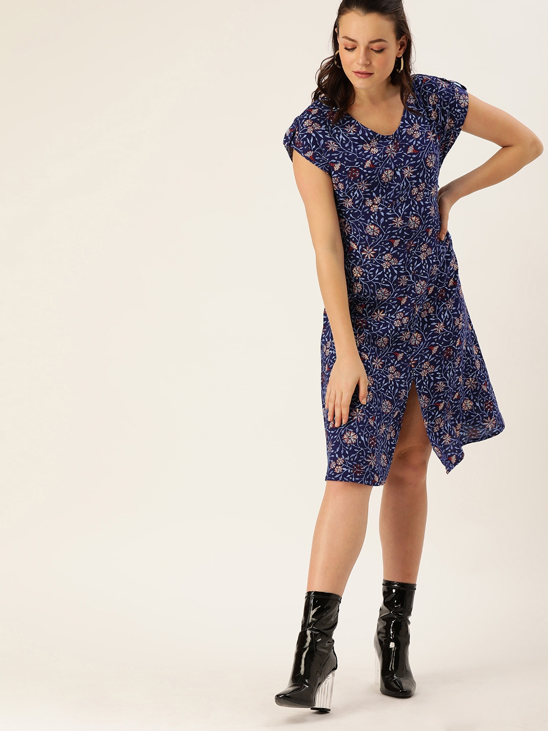 

DressBerry Navy Blue & Red Floral Printed A-Line ECOVERO Dress