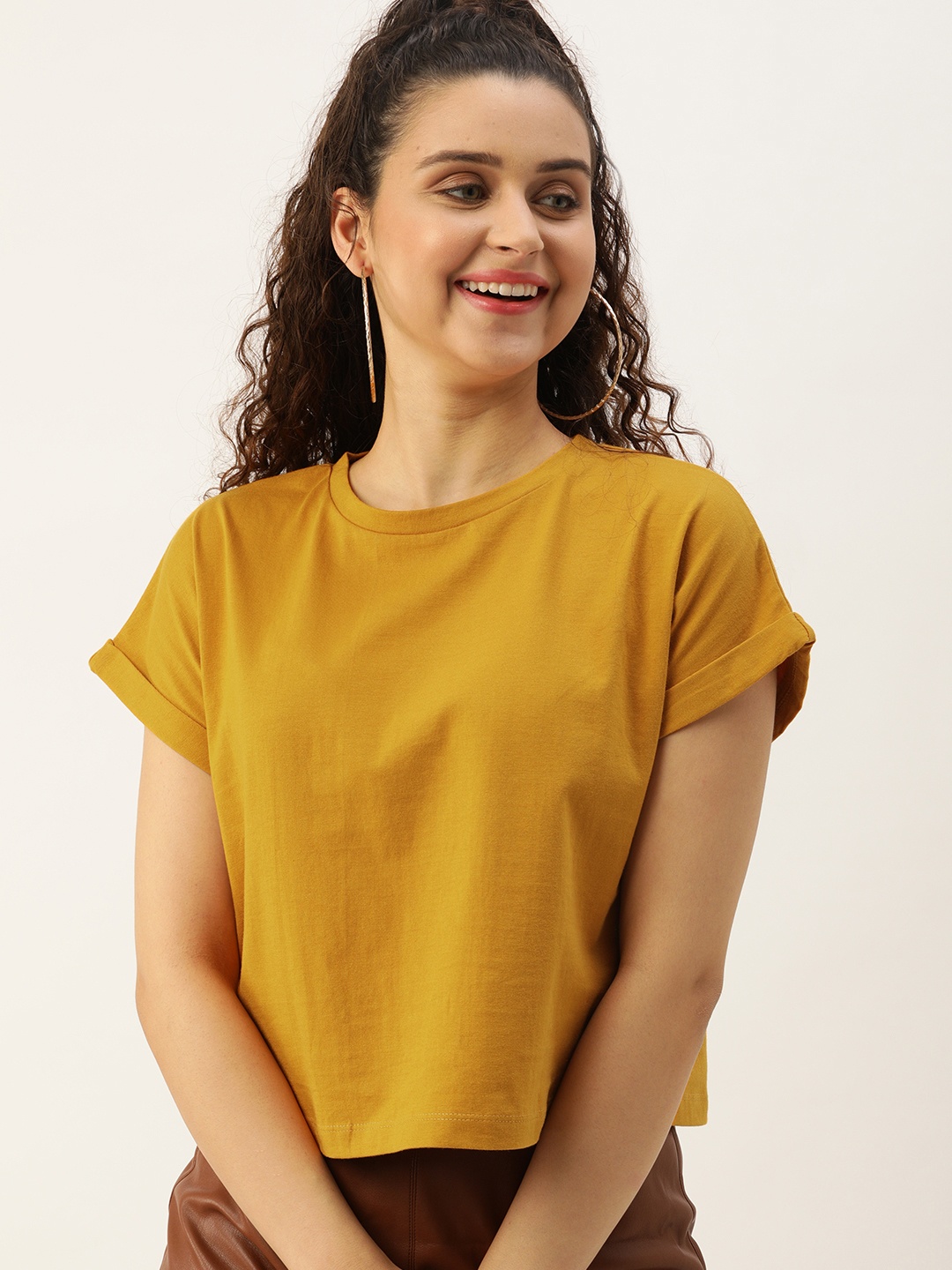 

DressBerry Women Mustard Yellow Solid Knitted Boxy Top