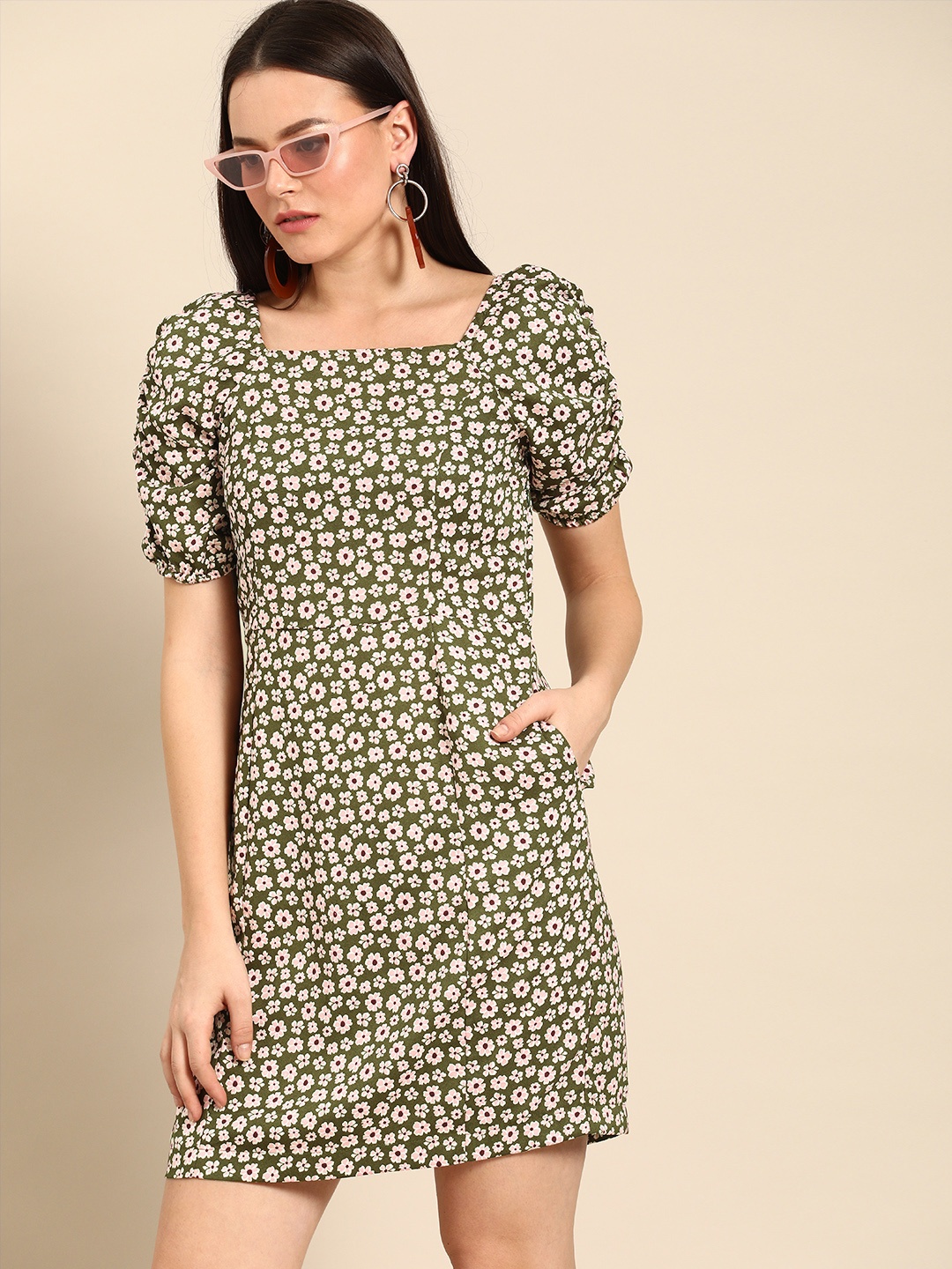 

DressBerry Women Olive Green Floral Printed A-Line Dress