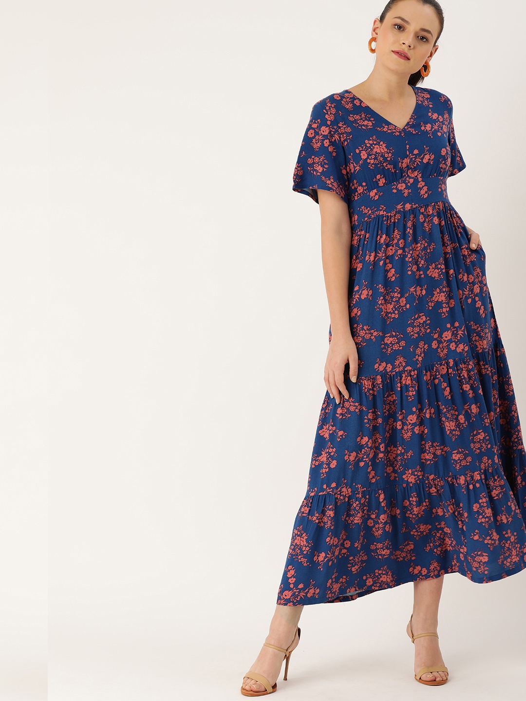 

DressBerry Navy Blue & Pink Floral Printed A-Line Dress