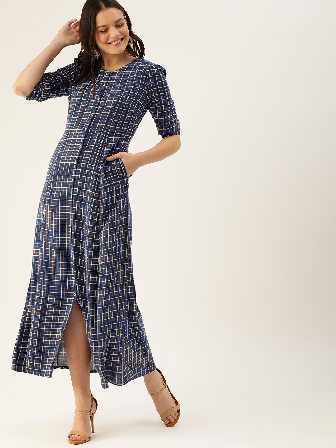 

DressBerry Navy Blue & Off White Checked Maxi Dress