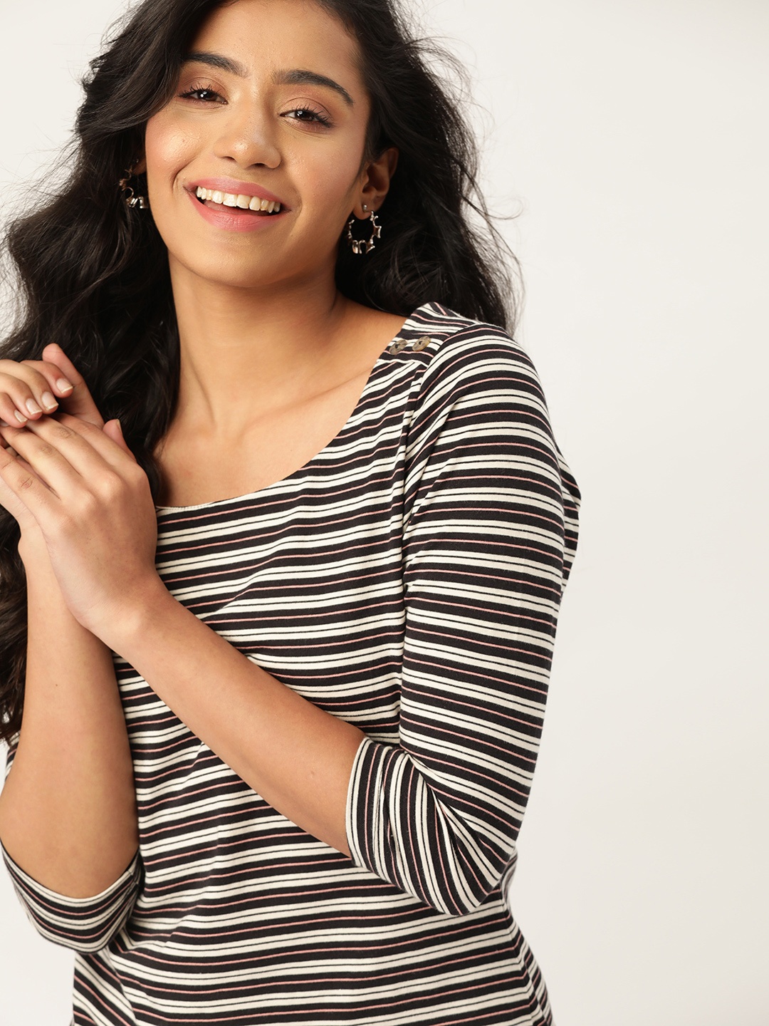 

DressBerry Women Black & White Striped Cotton T-shirt