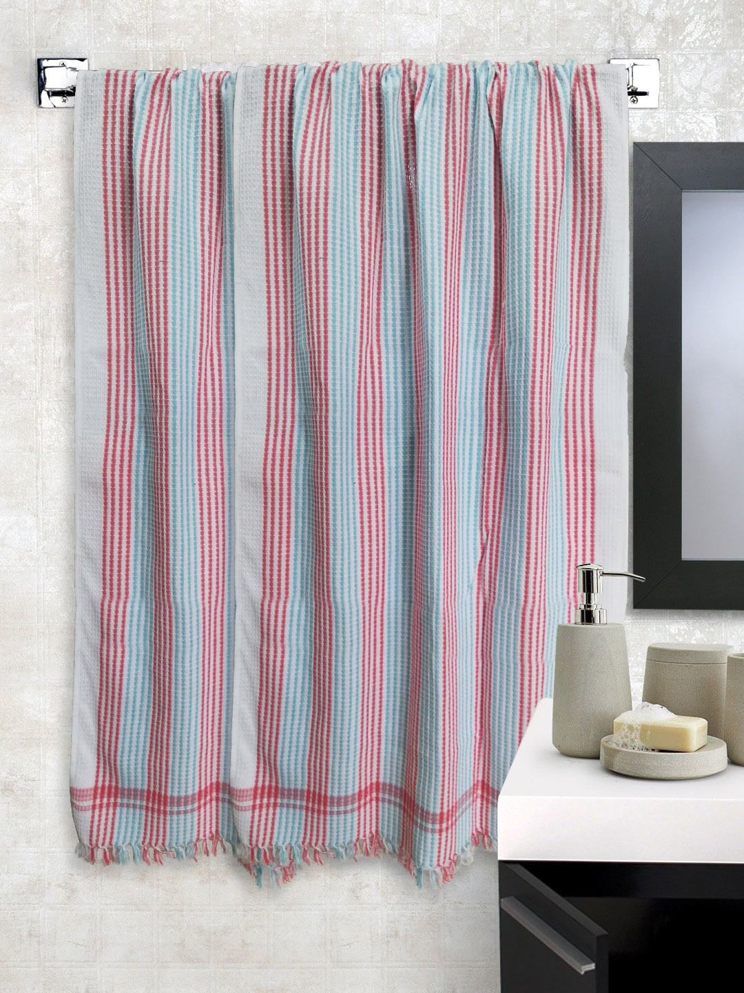 

Athom Trendz Set of 2 Grey & Red Striped 210 GSM Pure Cotton Premium Bath Towel