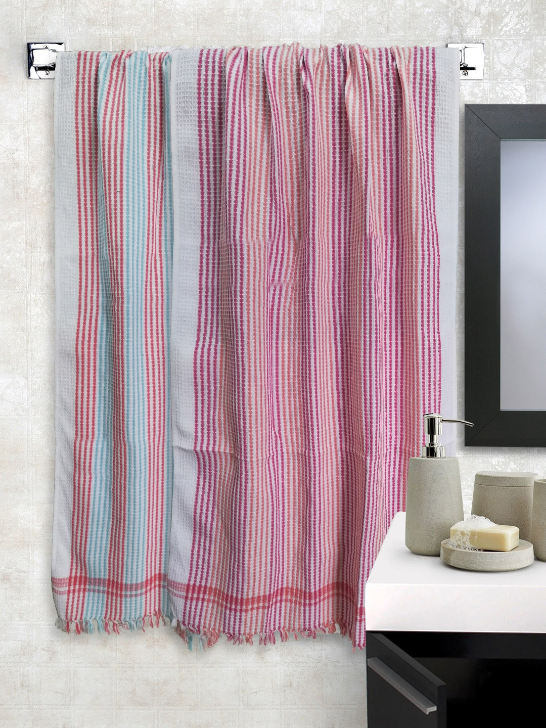 

Athom Trendz Set of 2 Multicoloured Striped Pure Cotton 210 GSM Premium Bath Towel, Multi