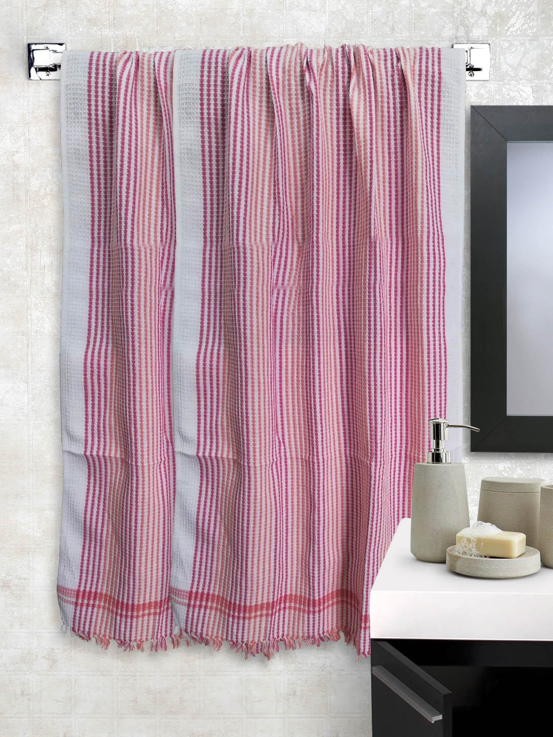 

Athom Trendz Set of 2 Grey & Maroon Striped 210 GSM Pure Cotton Premium Bath Towel