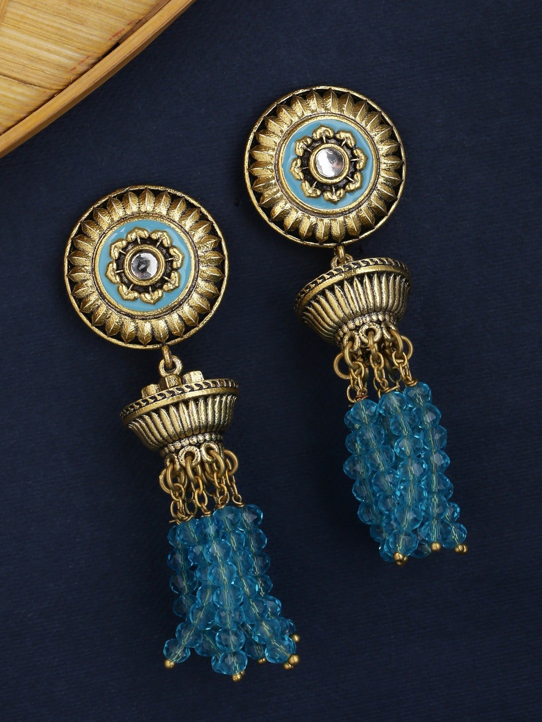 

Voylla Gold-Plated & Blue Oxidised Circular Drop Earrings