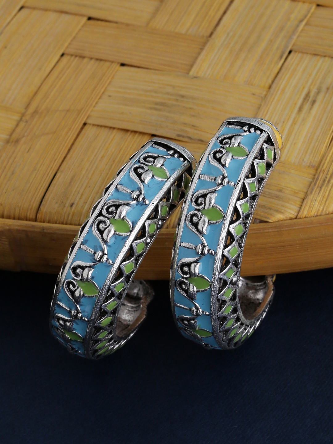

Voylla Silver-Plated & Blue Oxidised Classic Half Hoop Earrings