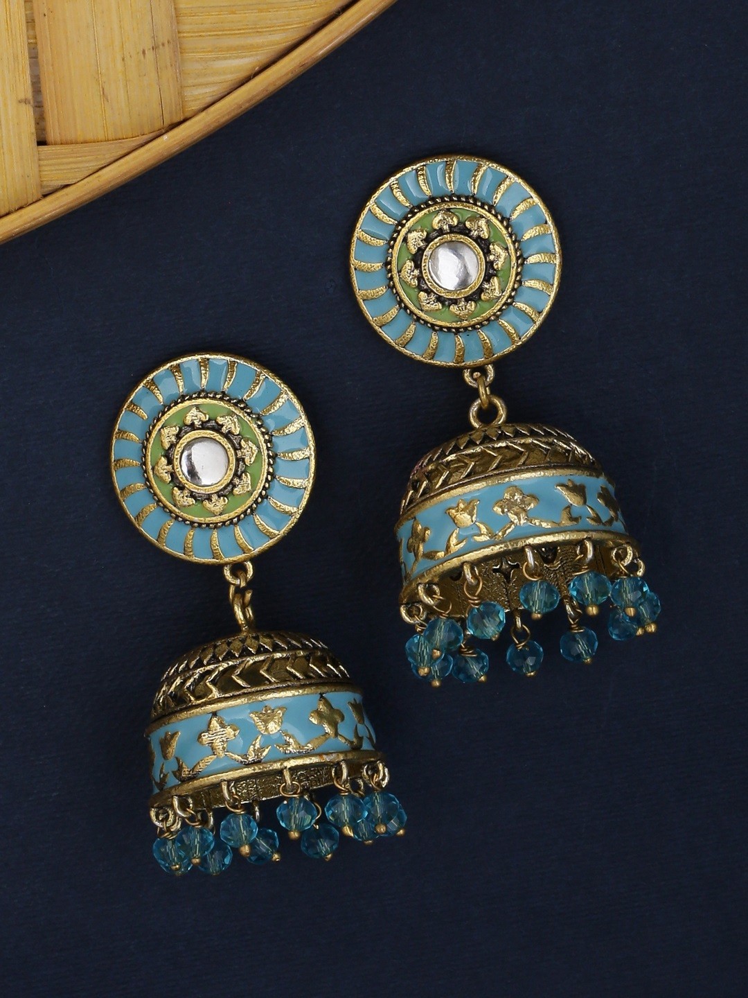 

Voylla Blue & Gold-Plated Oxidised Dome Shaped Jhumkas
