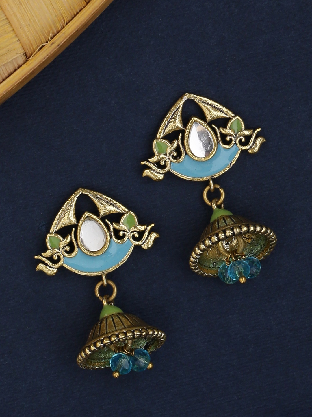 

Voylla Gold-Plated & Turquoise Blue Dome Shaped Jhumkas