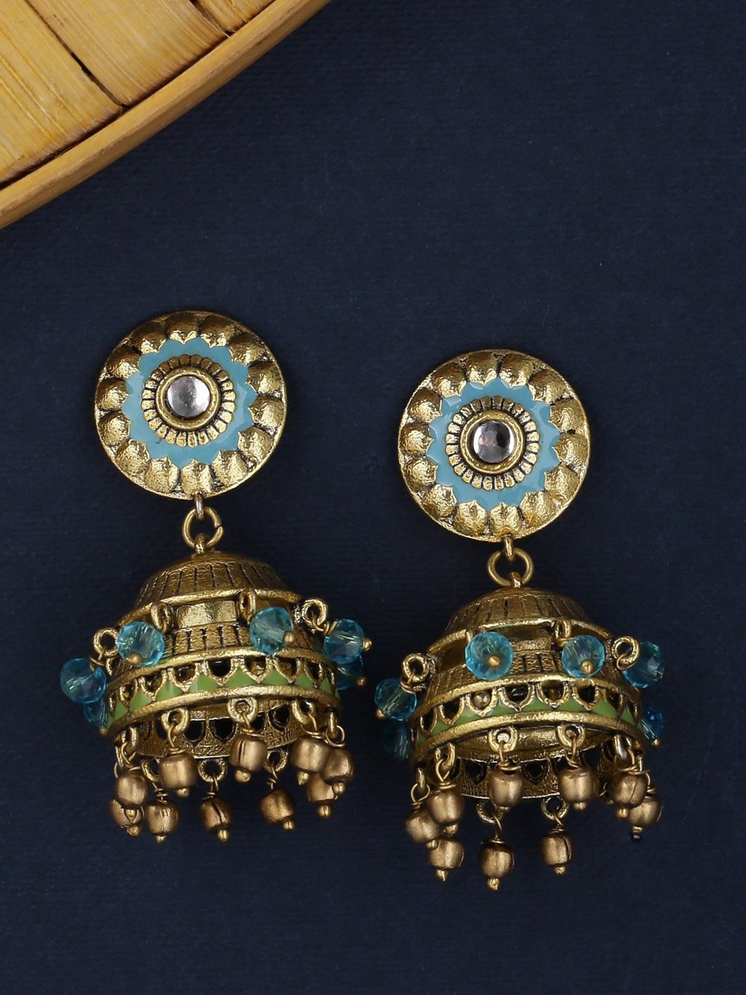 

Voylla Gold-Plated & Blue Oxidised Dome Shaped Jhumkas