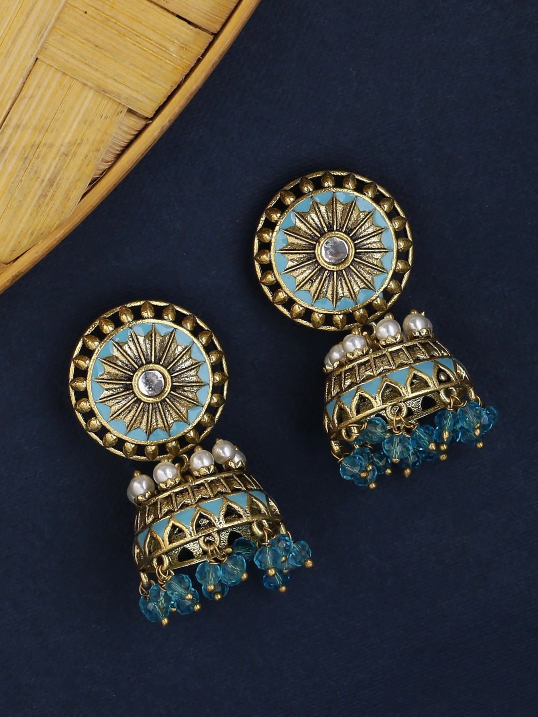 

Voylla Gold-Plated & Turquoise Blue Dome Shaped Jhumkas