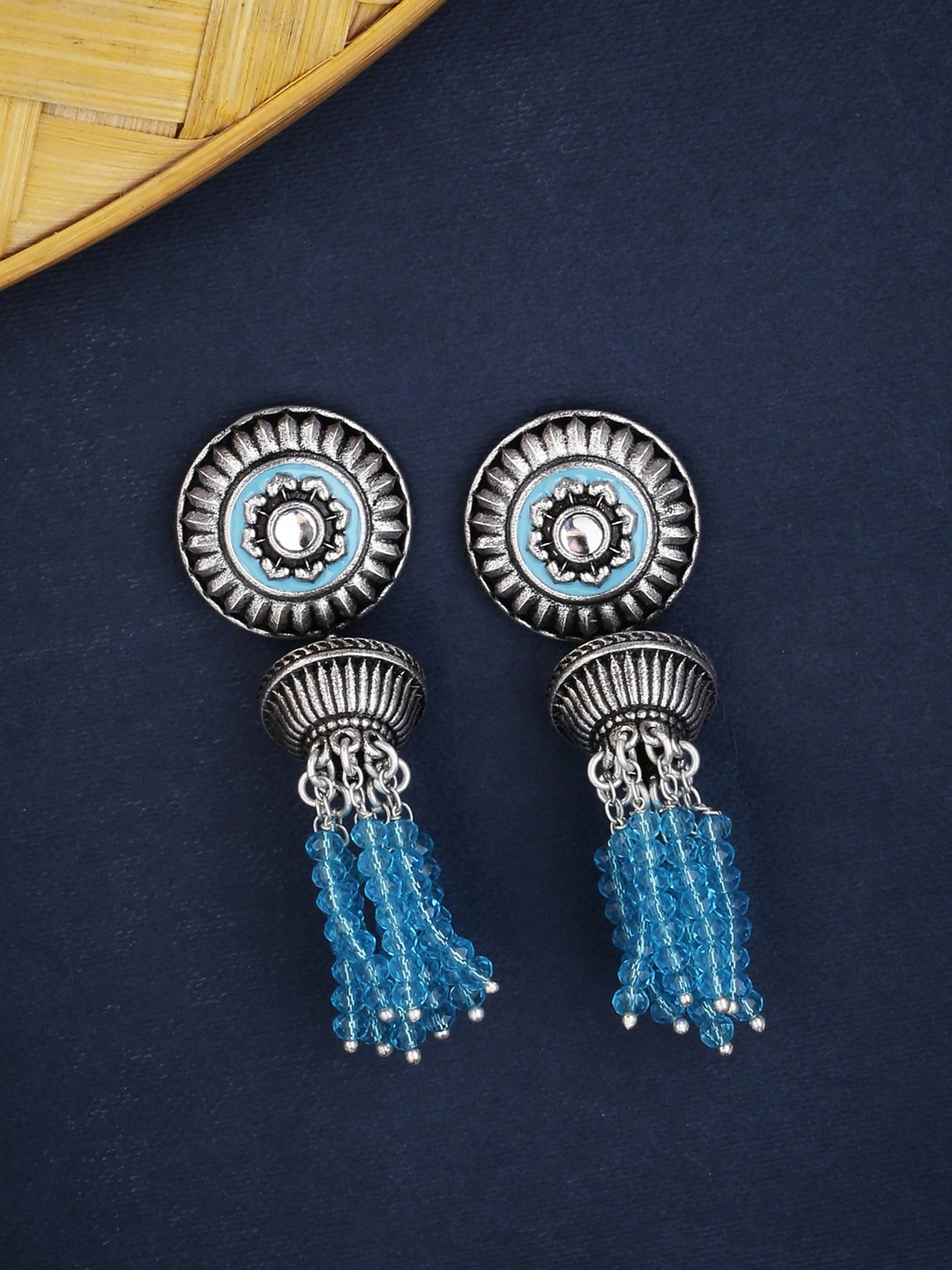 

Voylla Silver-Plated & Blue Oxidised Circular Drop Earrings