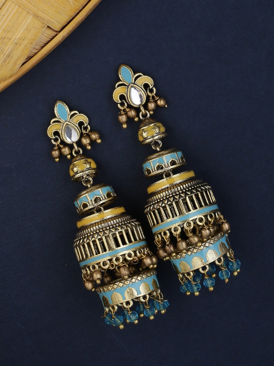 

Voylla Gold-Toned & Turquoise Blue Dome Shaped Jhumkas