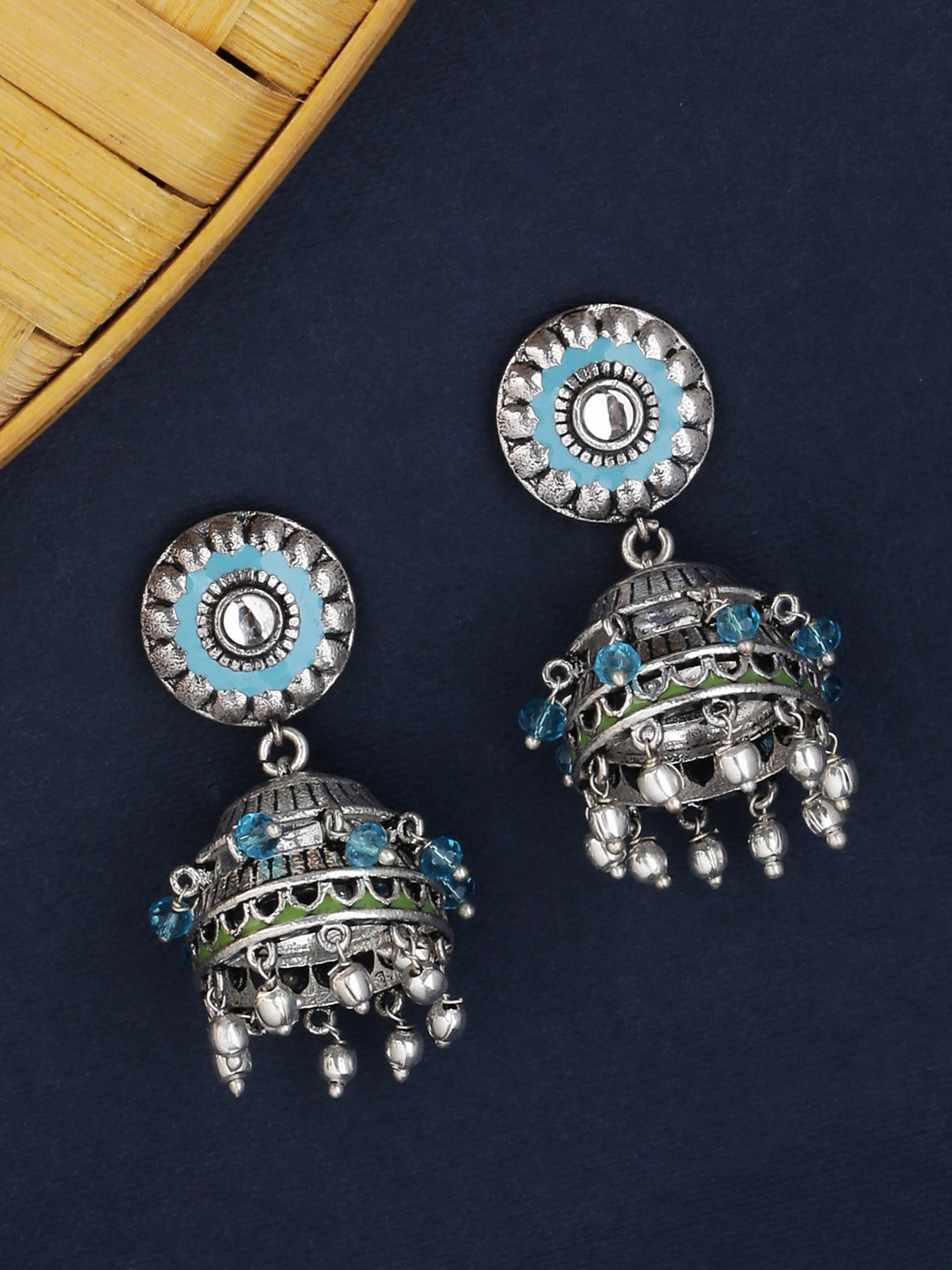 

Voylla Silver-Toned & Turquoise Blue Dome Shaped Jhumkas