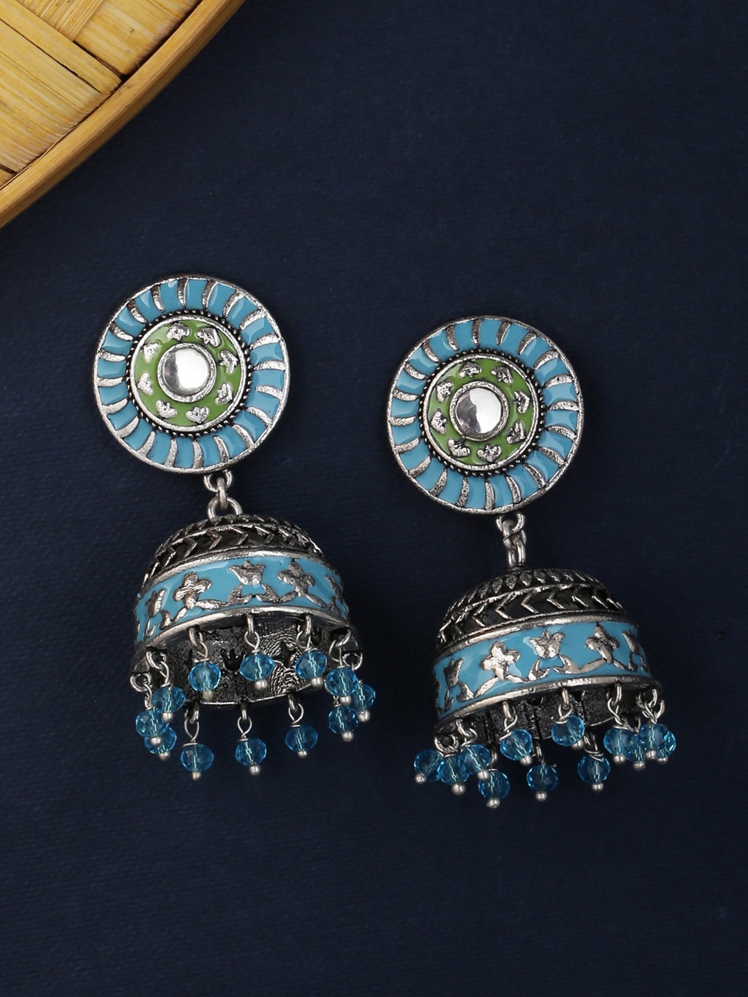 

Voylla Silver-Plated & Turquoise Blue Dome Shaped Jhumkas