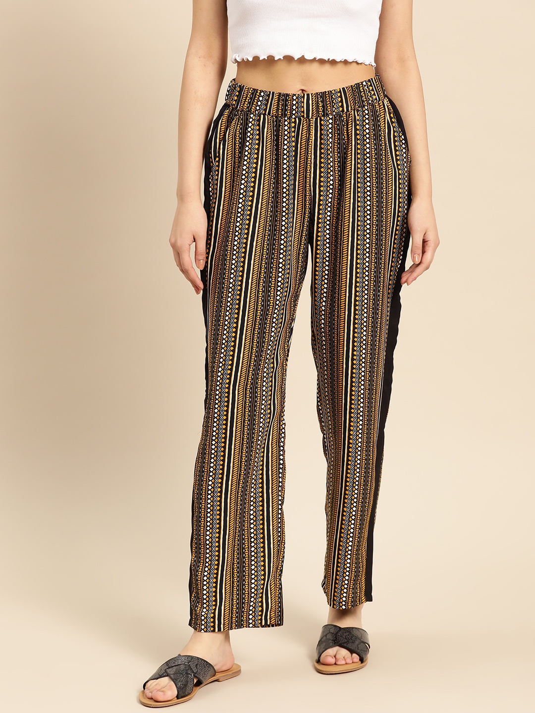 

DressBerry Women Black & Mustard Yellow Regular Fit Striped Trousers