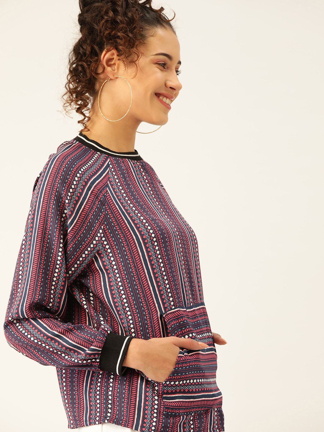 

DressBerry Women Navy Blue & Pink Striped Top