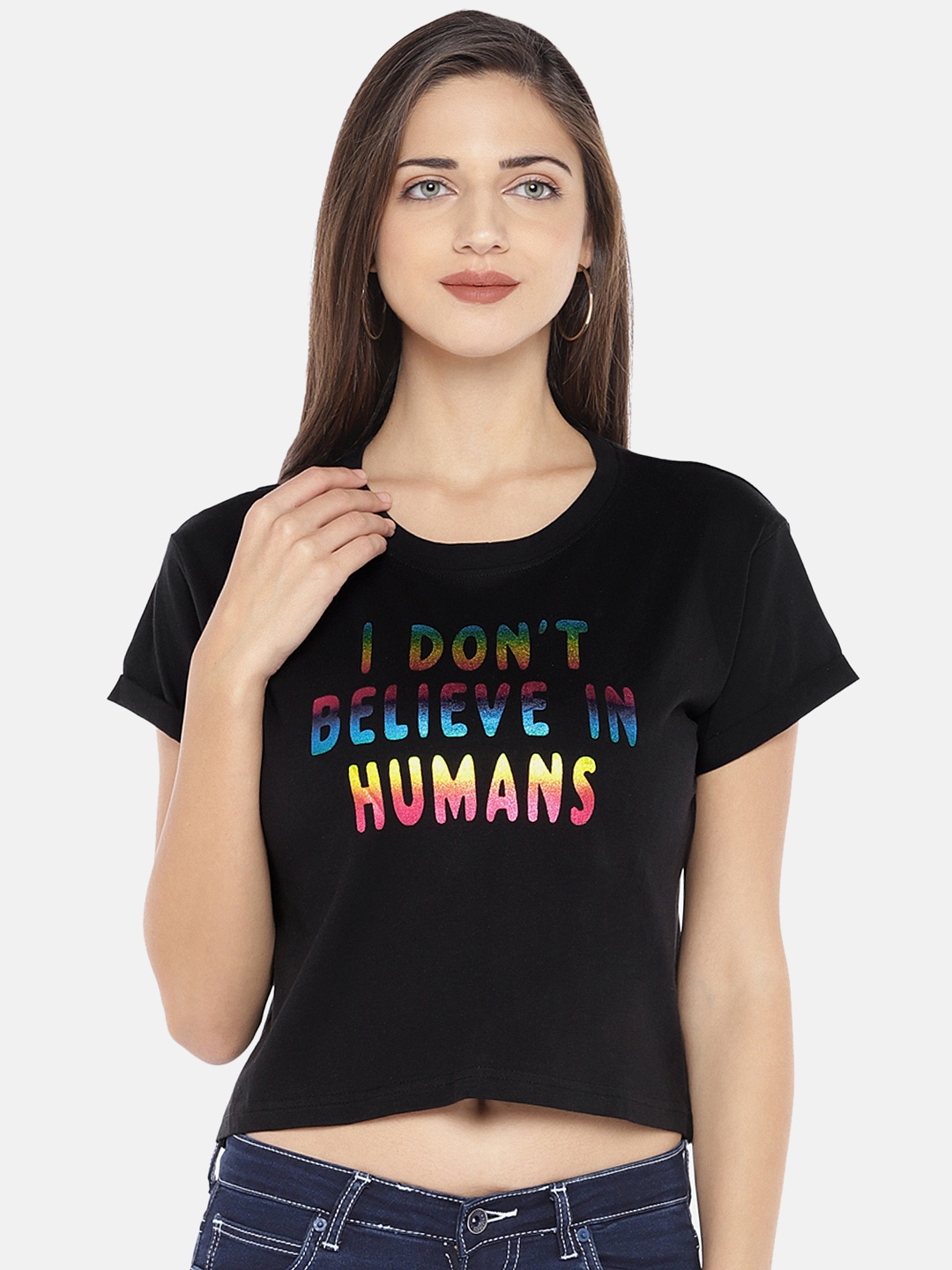 

Globus Women Black Printed Round Neck Crop T-shirt