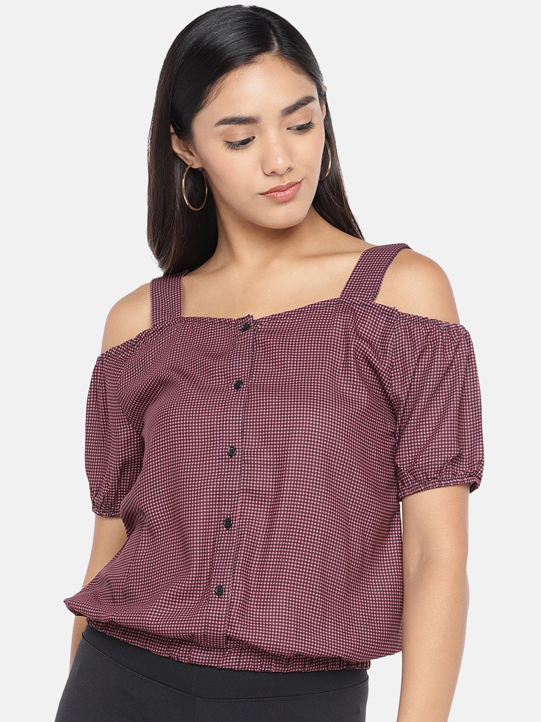 

Globus Women Maroon Checked Blouson Top