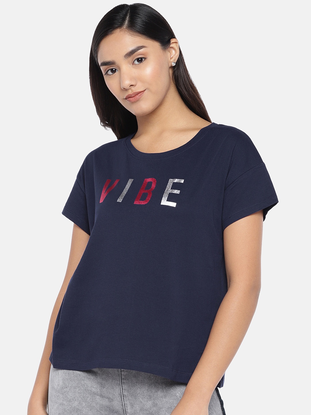 

Globus Women Navy Blue Printed Round Neck T-shirt