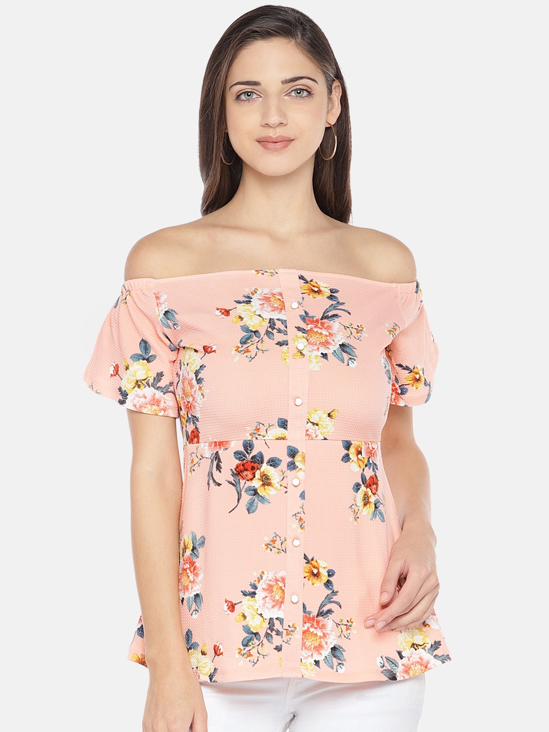 

Globus Women Peach-Coloured Floral Print Bardot Top