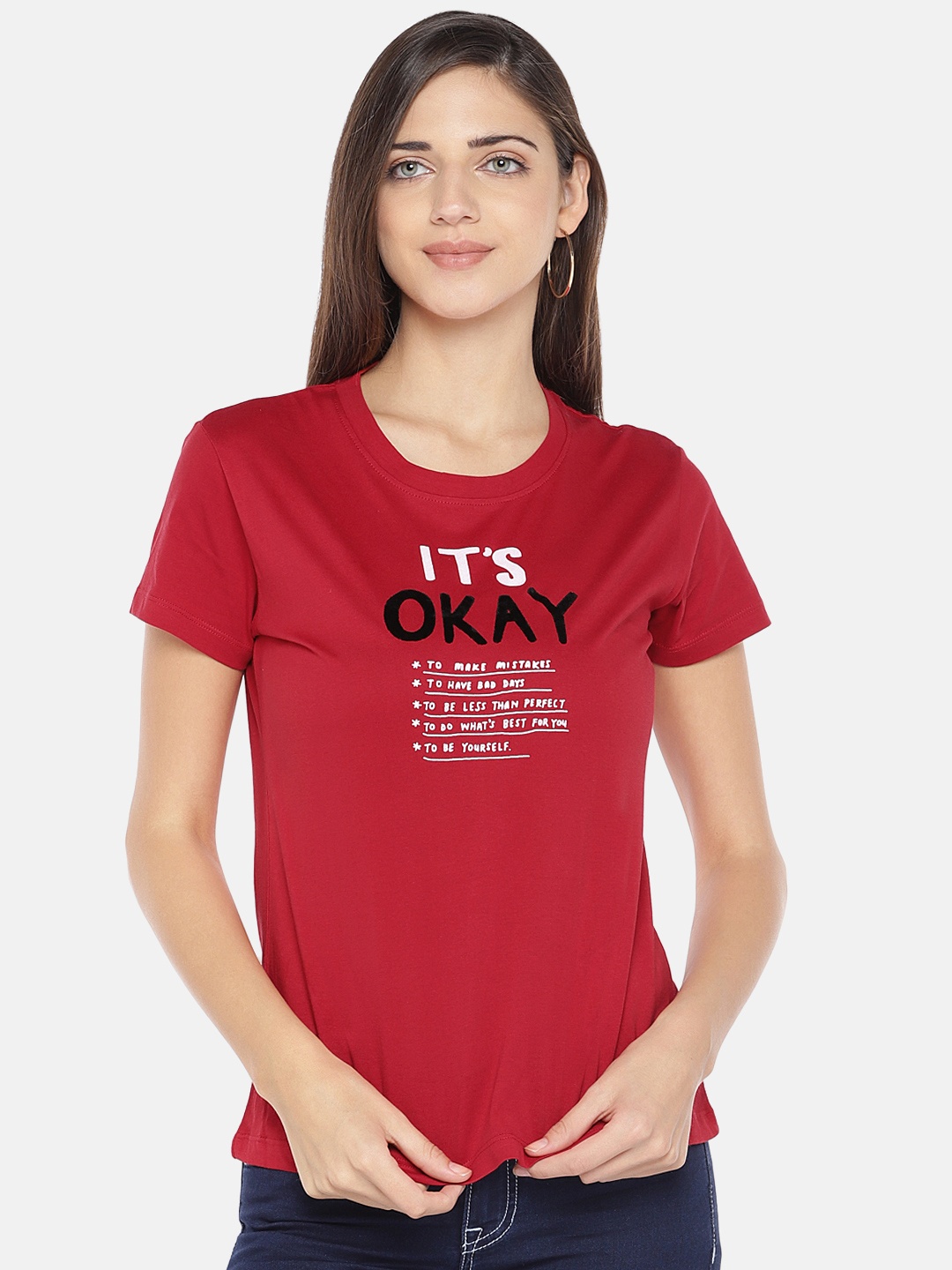

Globus Women Red & Black Printed Round Neck T-shirt