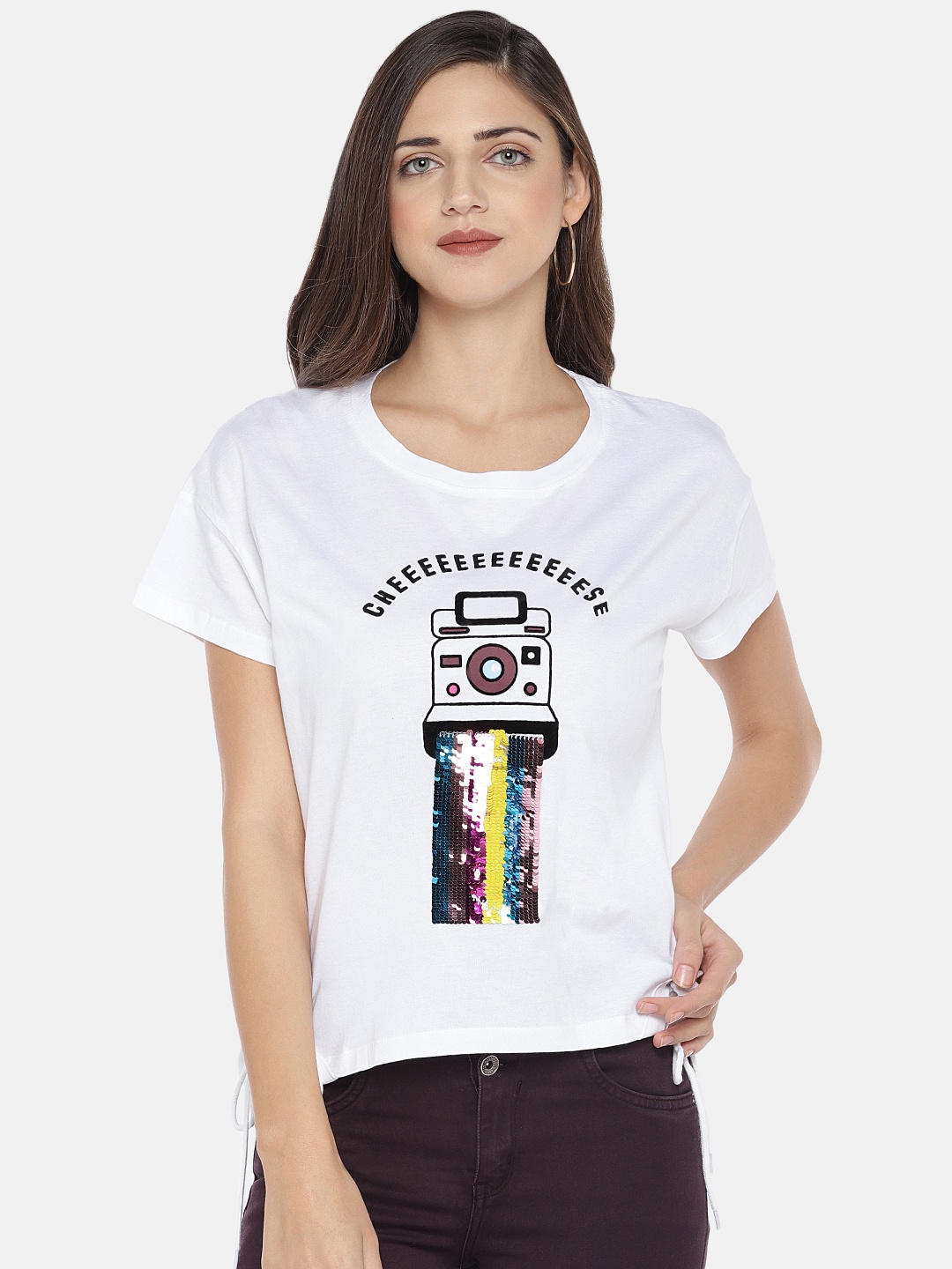 

Globus Women White & Black Printed Round Neck T-shirt