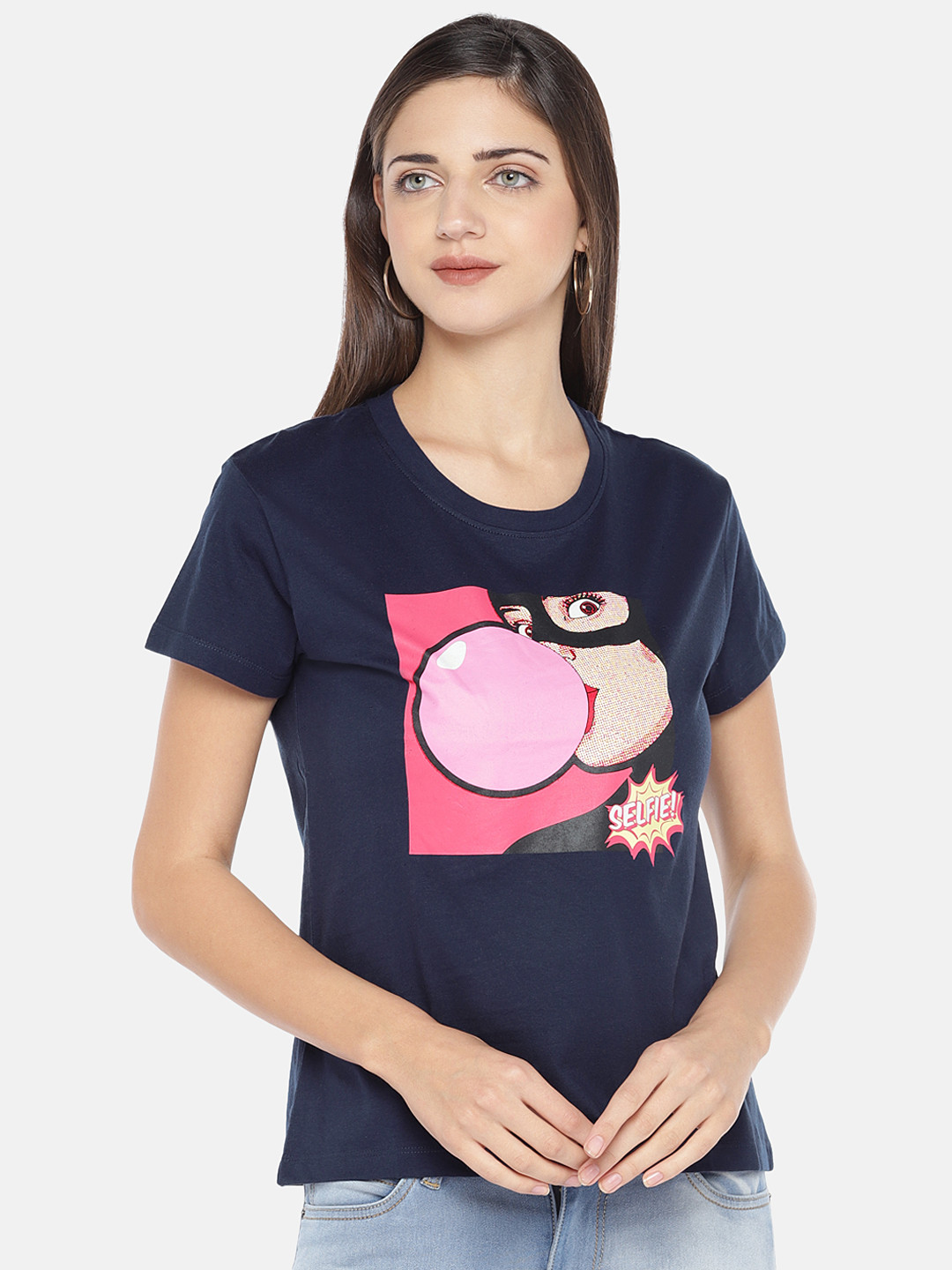 

Globus Women Navy Blue & Pink Printed Round Neck T-shirt