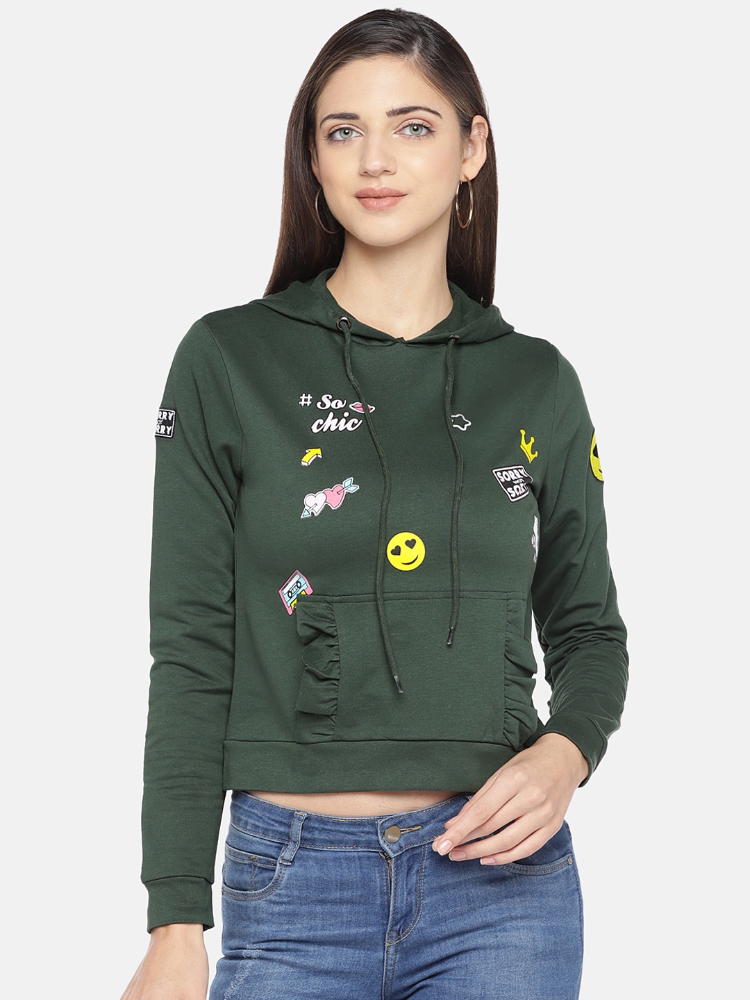 

Globus Women Olive Green & Yellow Printed Hooded Sweatshirt