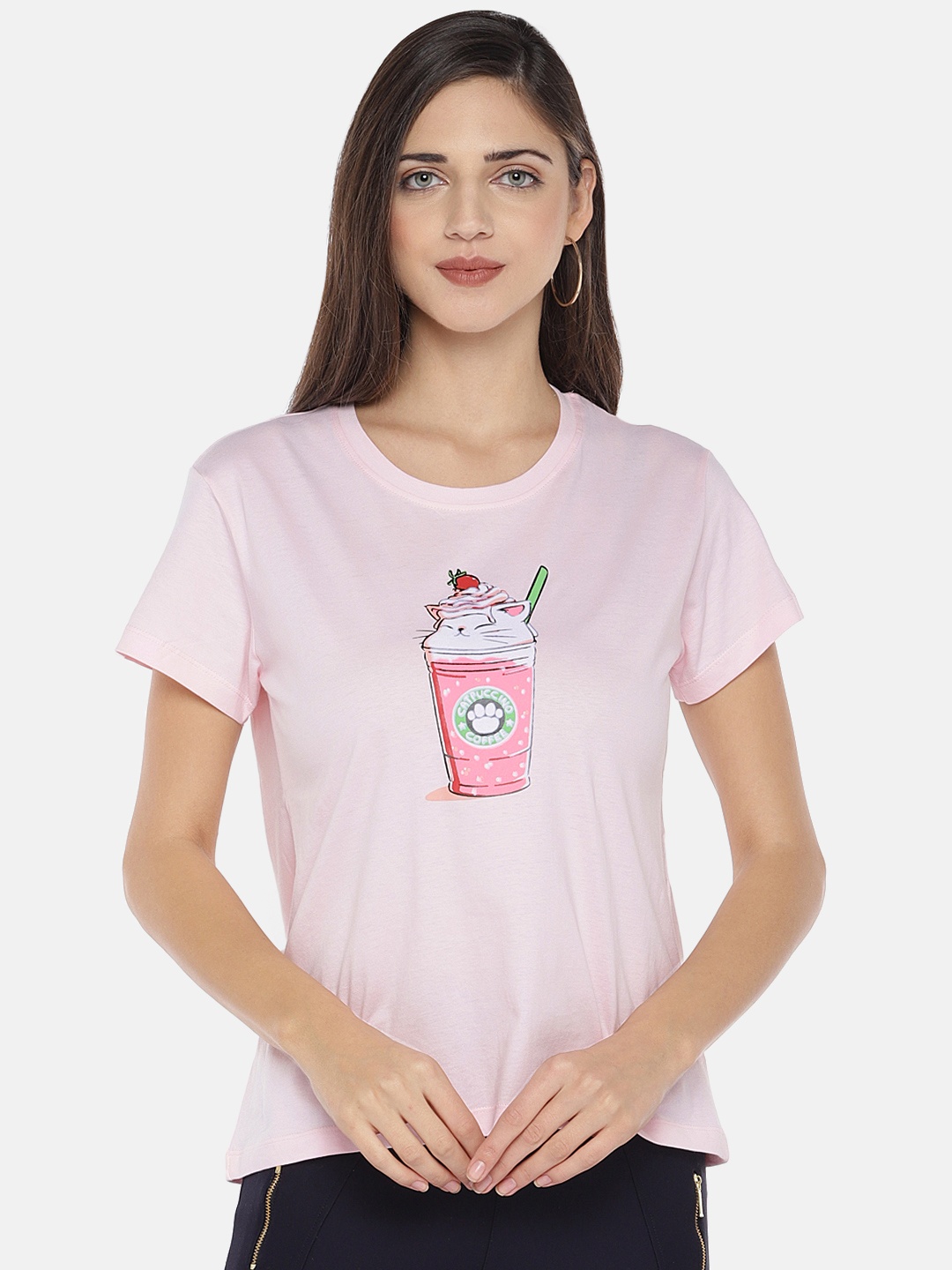 

Globus Women Pink Printed Round Neck T-shirt