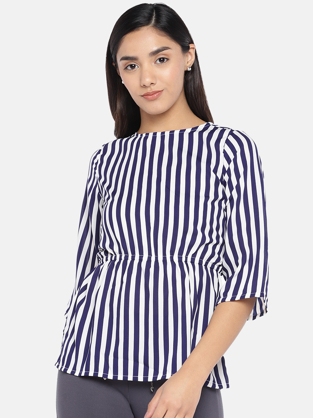 

Globus Women White & Navy Blue Striped Peplum Top