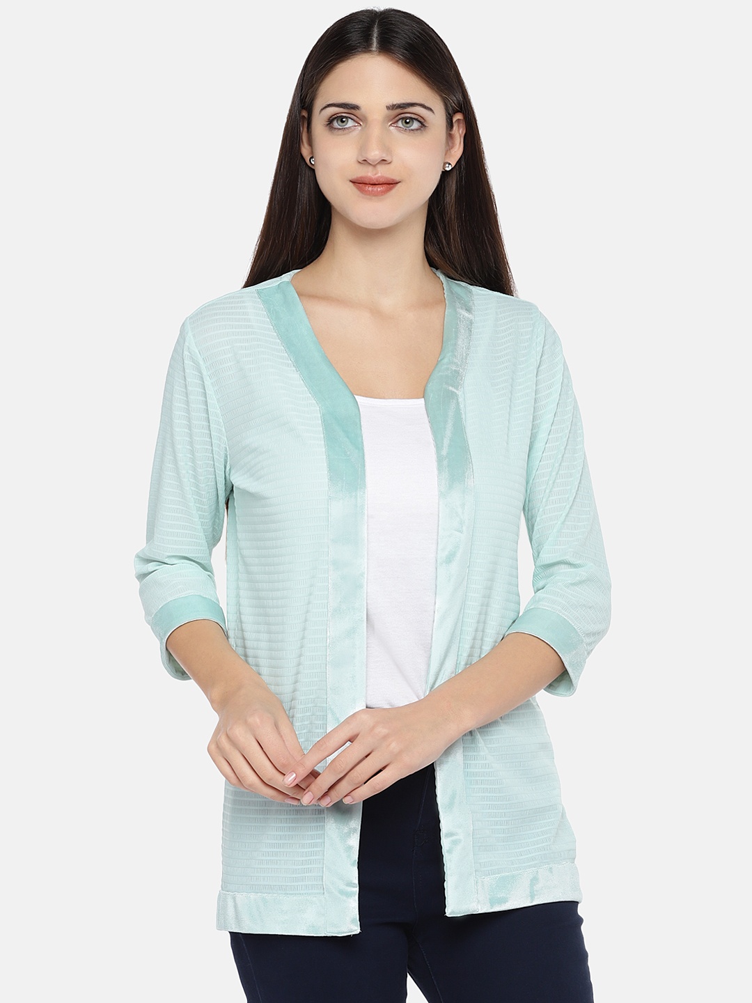 

Globus Women Sea Green Striped Open Front Shrug