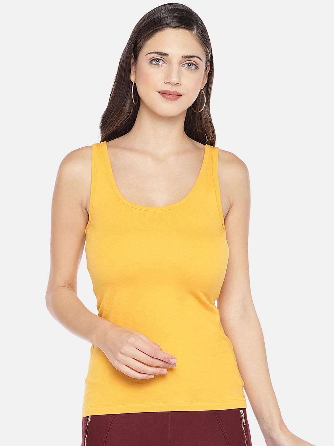 

Globus Women Mustard Yellow Solid Scoop Neck Tank Top