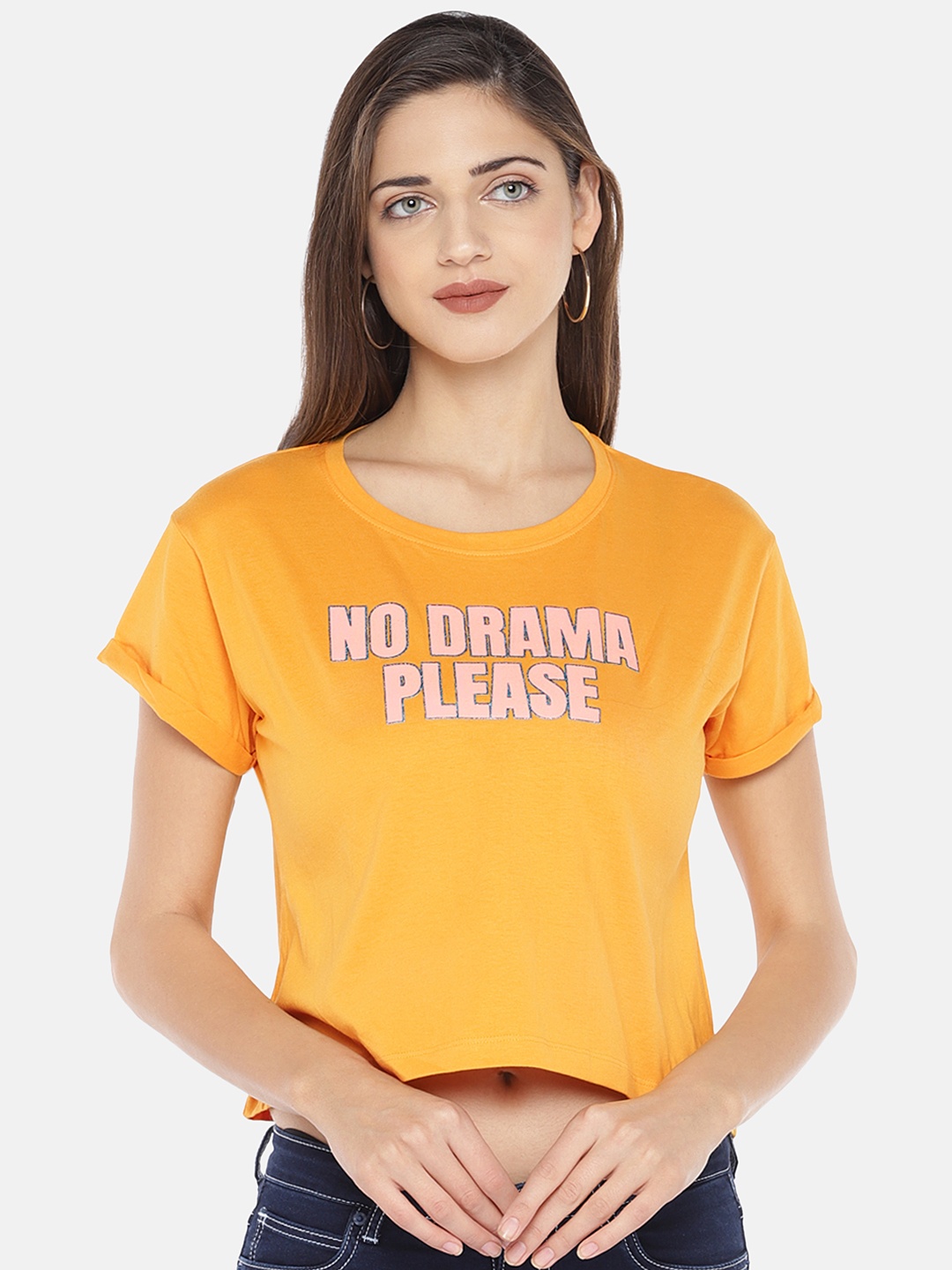 

Globus Women Mustard Orange & Pink Printed Crop Pure Cotton Top