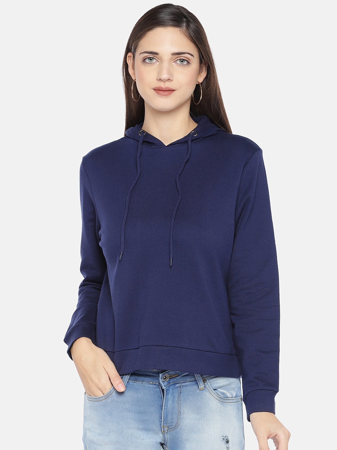 

Globus Women Navy Blue Solid Hooded Sweatshirt