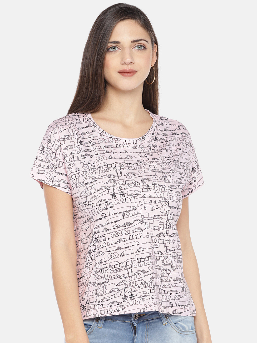 

Globus Women Pink & Black Printed Round Neck T-shirt