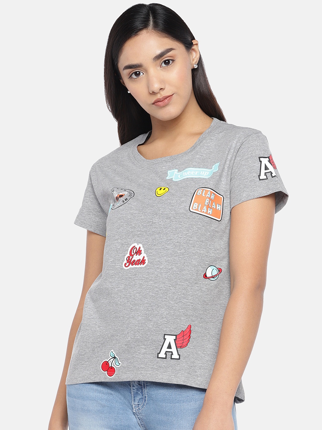 

Globus Women Grey & Red Printed Round Neck T-shirt