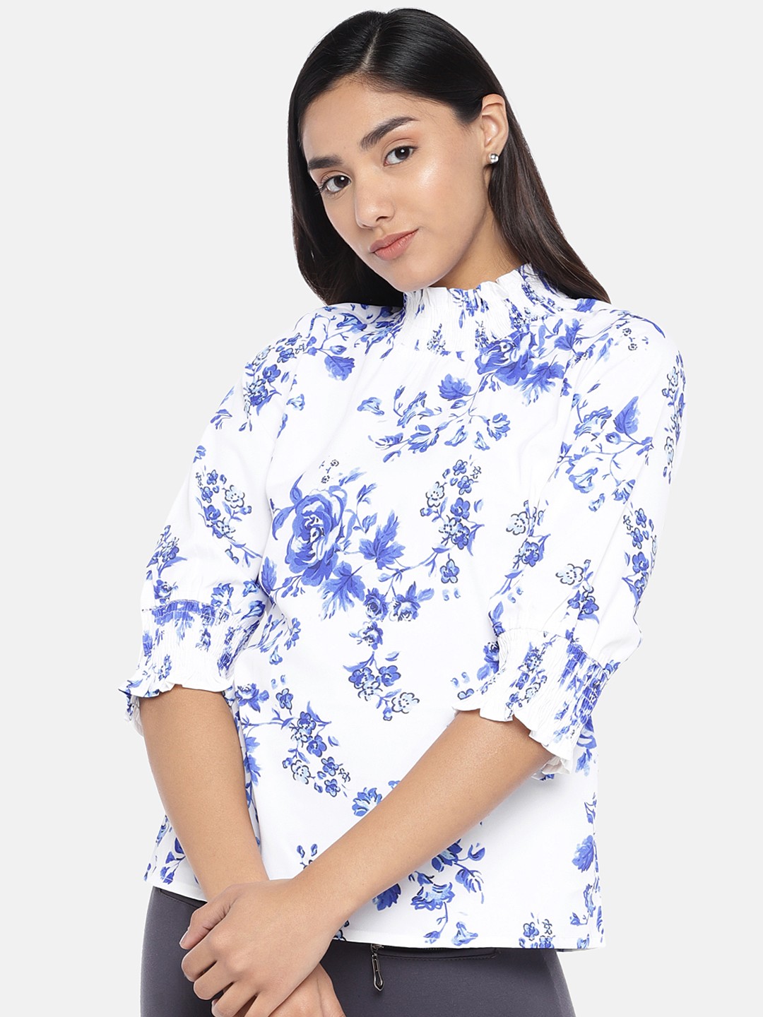 

Globus Women White & Blue Floral Print Top