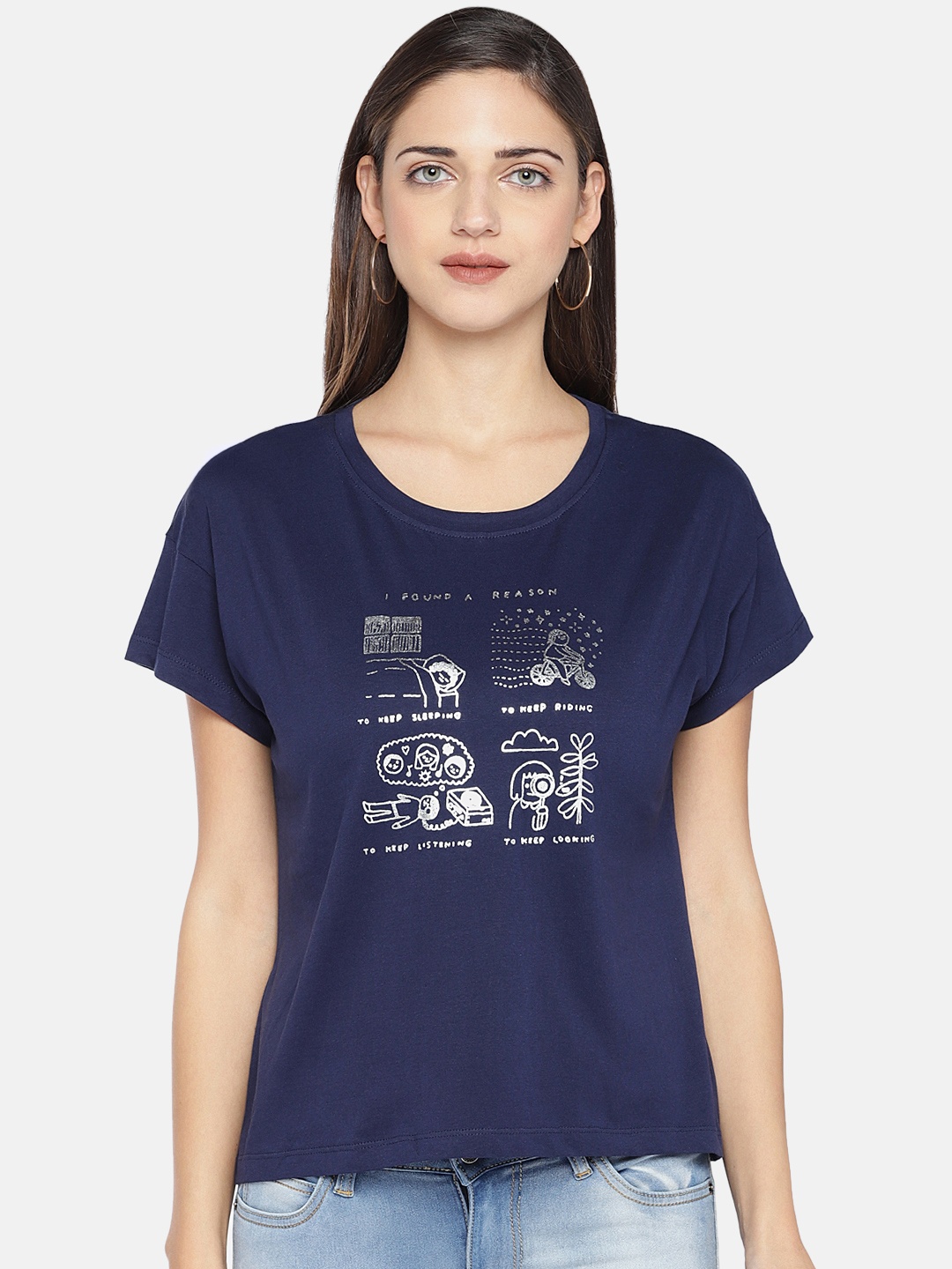 

Globus Women Navy Blue Printed Round Neck T-shirt