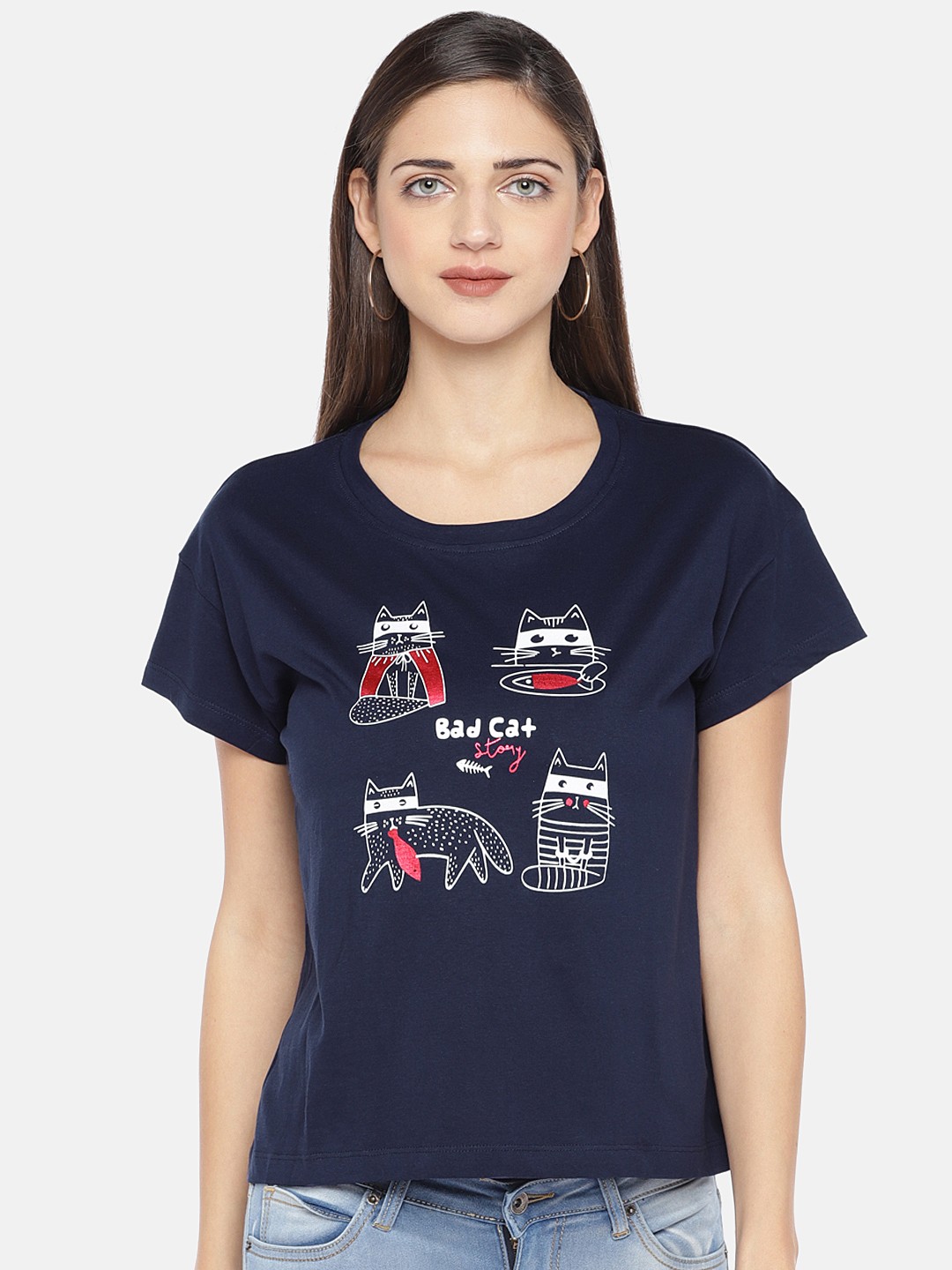 

Globus Women Navy Blue Printed Round Neck T-shirt