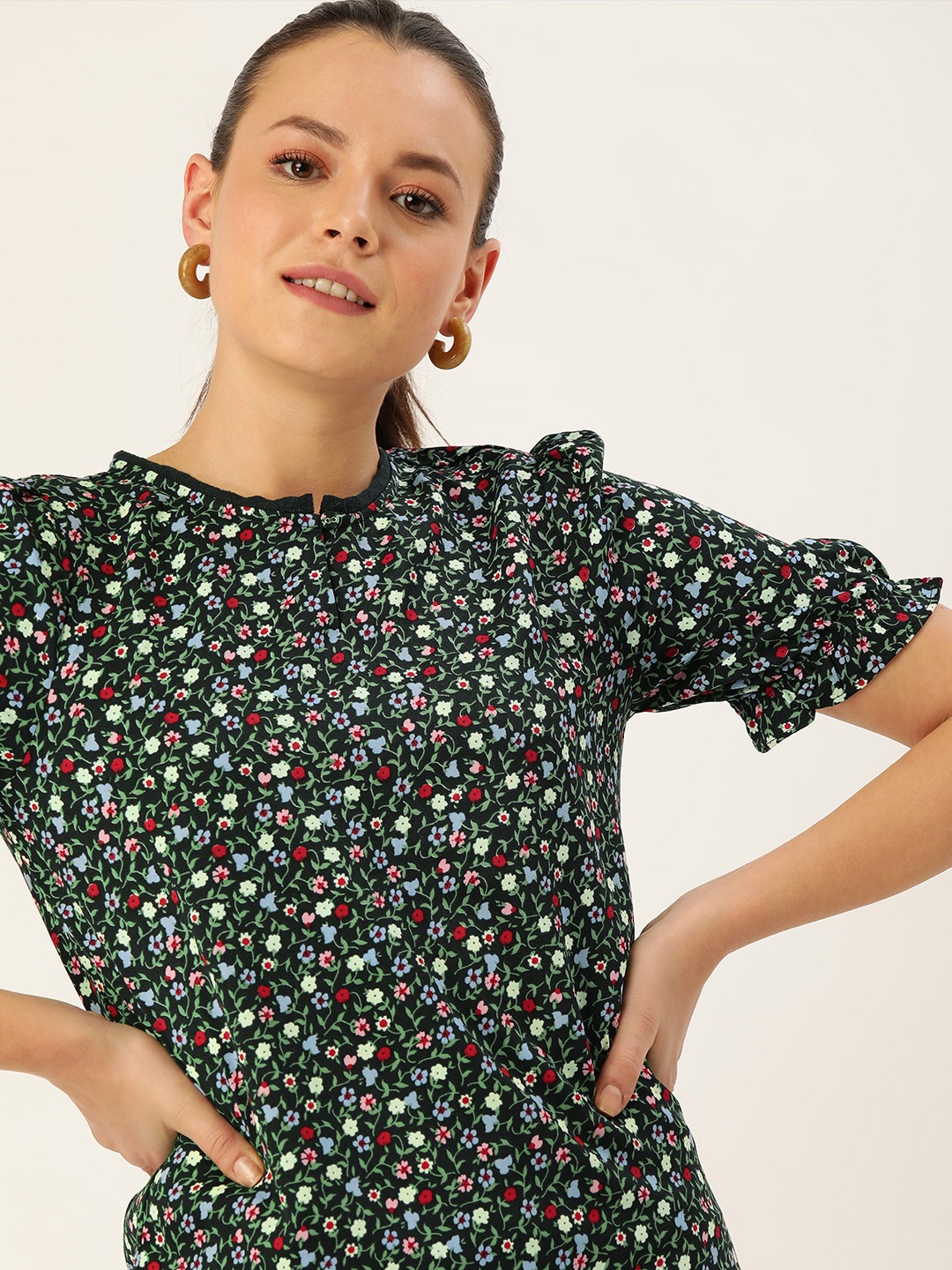 

DressBerry Women Black & Green Printed Top