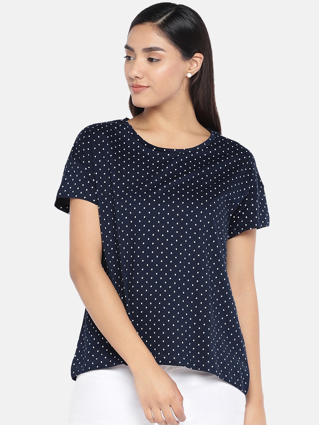 

Globus Women Navy Blue & White Printed Round Neck T-shirt